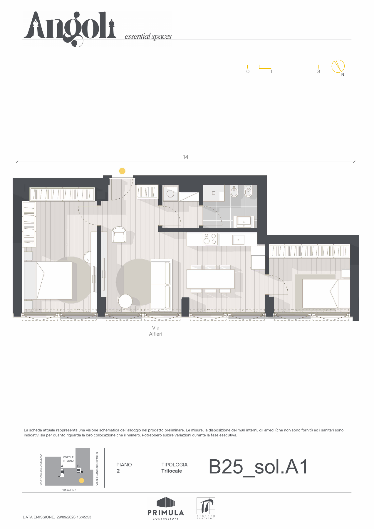 Planimetria del trilocale B25, soluzione A1